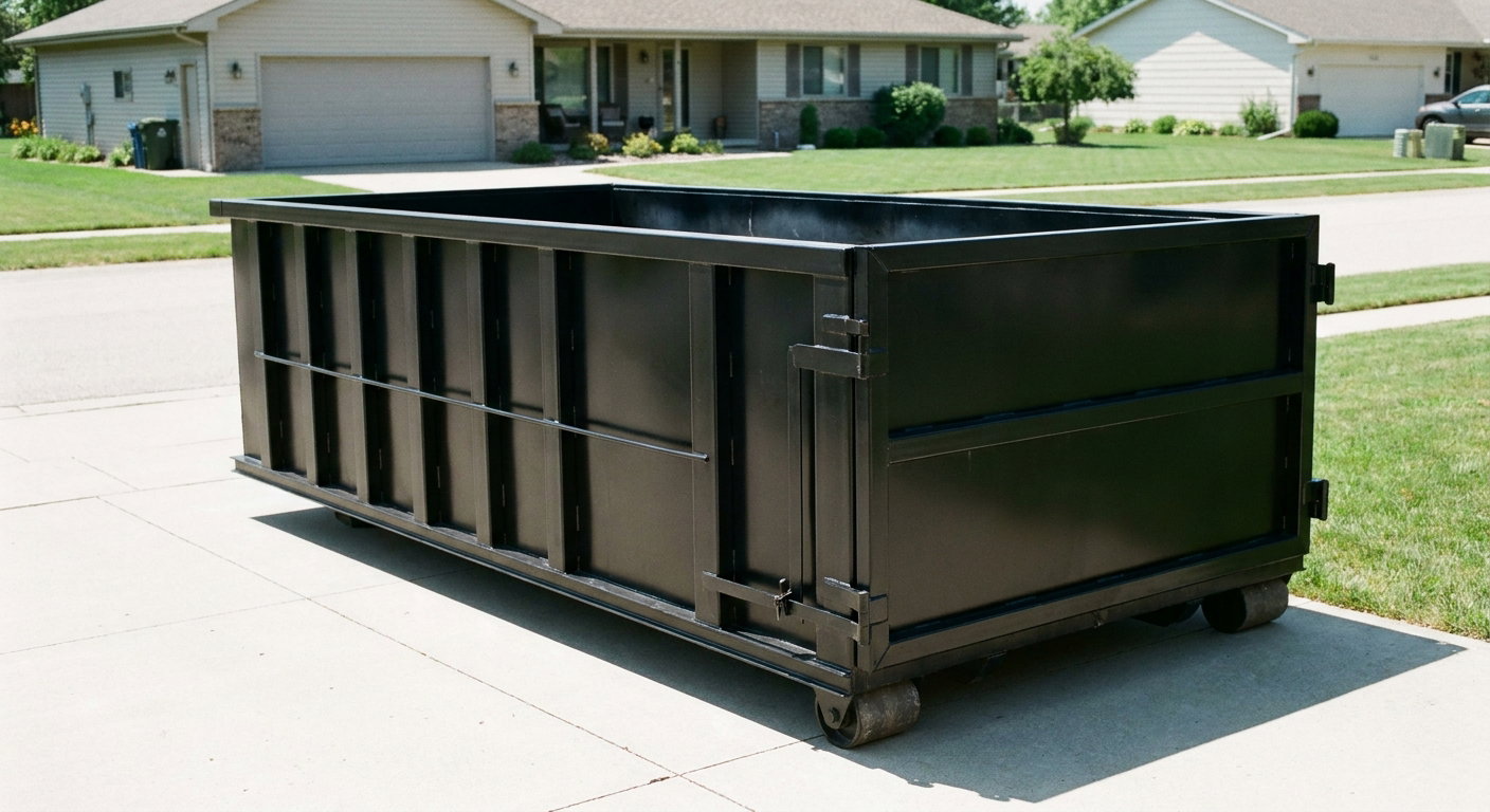 Matte-black 10-yard roll-off dumpster on a residential concrete driveway in Boca Raton, uniformly painted matte black across every panel and rail, ribbed steel sidewalls and rear swing door visible, mid-day daylight.