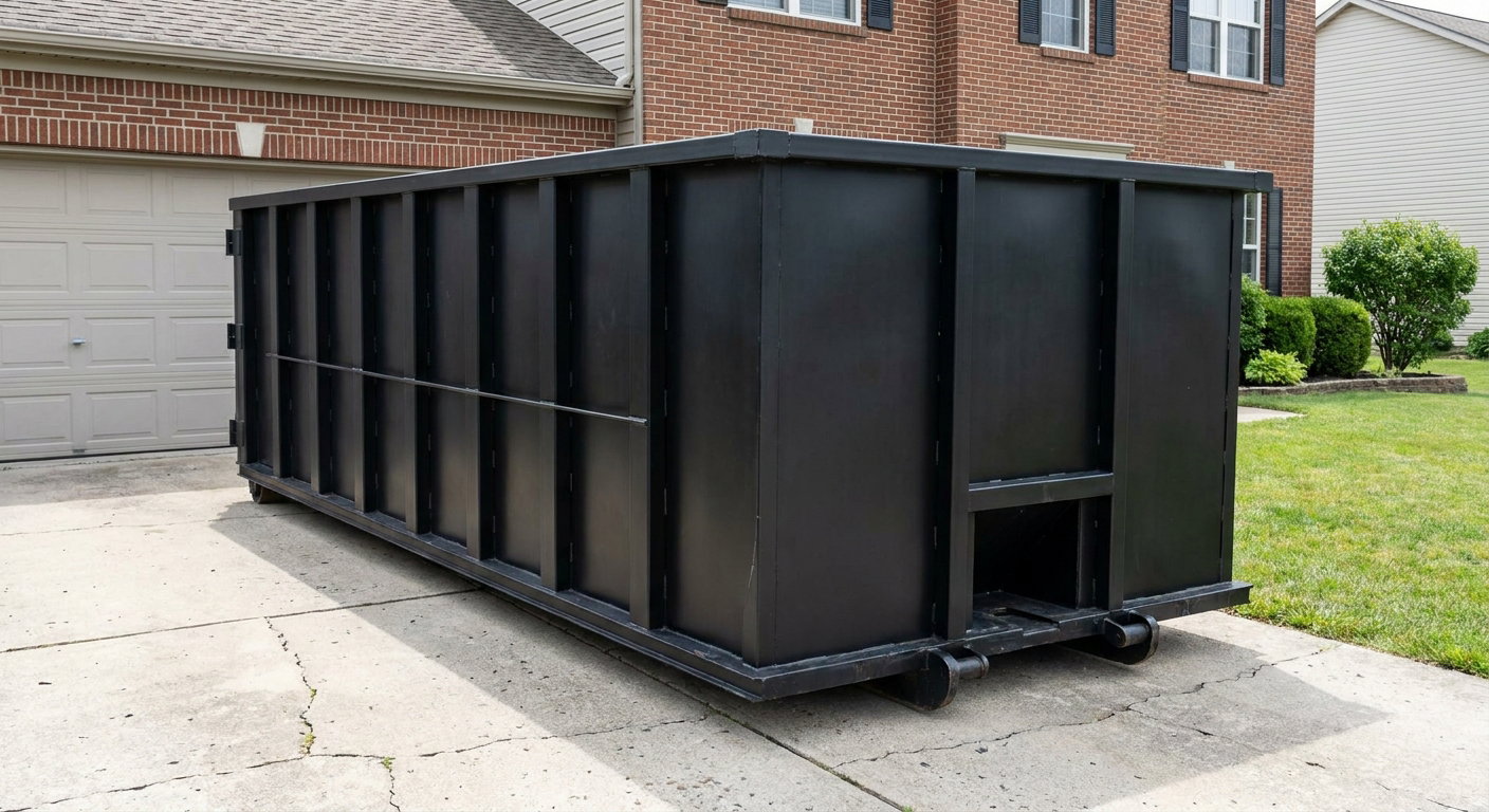 Matte-black 20-yard roll-off container on a Boca Raton residential concrete driveway with reinforced ribbed steel sidewalls and a hinged rear walk-in door, clean bright daylight.