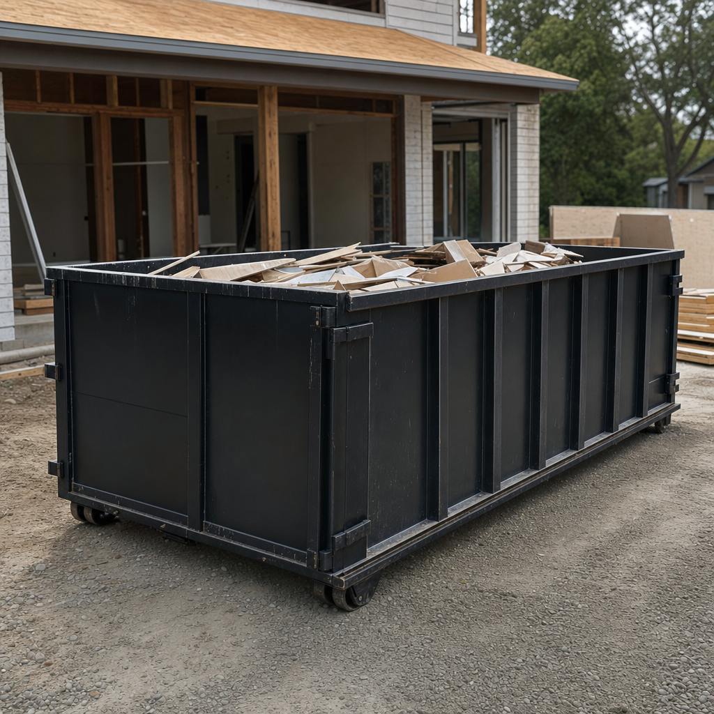 Large matte-black 30-yard construction roll-off dumpster at an active Boca Raton jobsite, steel-gray top rails and bottom rollers visible, loaded with construction debris.