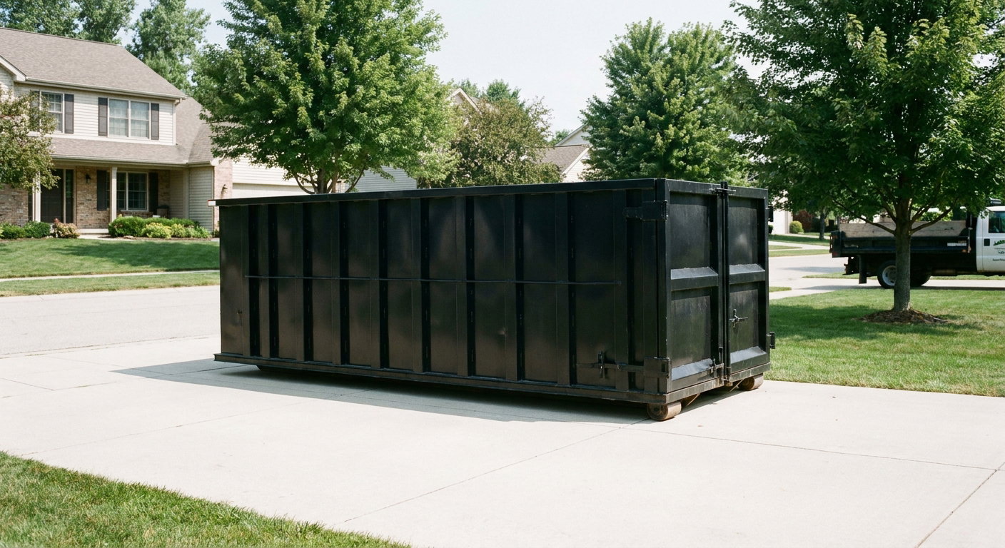 Matte-black 20-yard roll-off dumpster sitting level on a clean Boca Raton residential concrete driveway under bright daylight, demonstrating clean placement directly on the concrete.