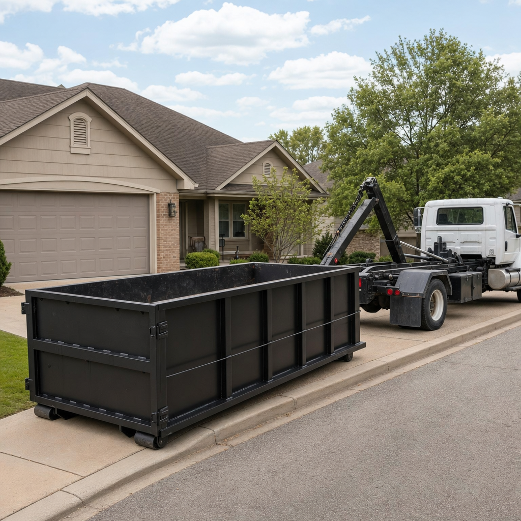 Wide documentary shot of a matte-black roll-off dumpster on a Boca Raton residential driveway in the foreground and a contractor jobsite container in the soft-focus background, bright daylight, calm and orderly composition.