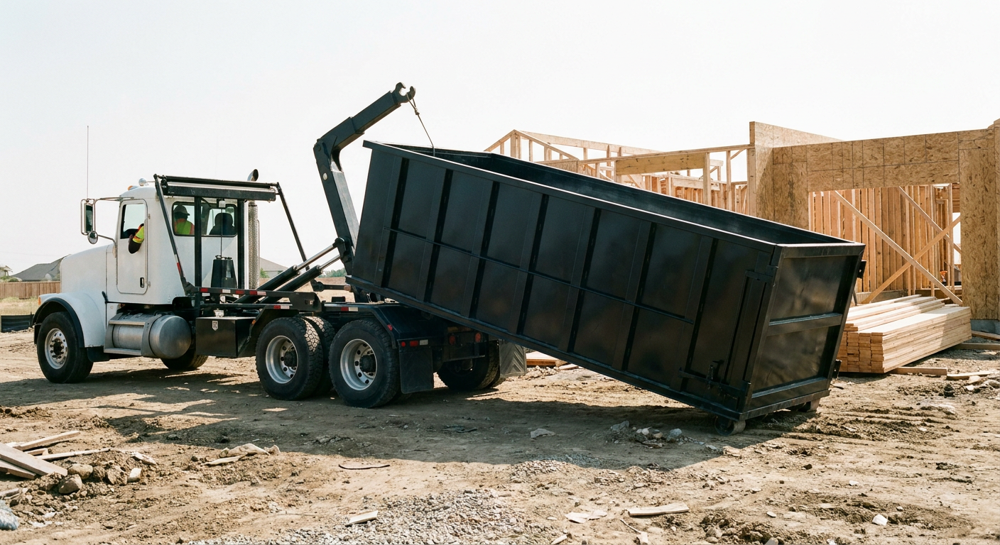 Matte-black roll-off dumpster being delivered onto a clean residential concrete driveway in Boca Raton by an unmarked white hooklift hauler truck, bright morning daylight, documentary 35mm perspective.